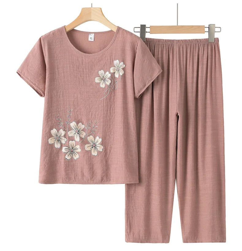 Grandma's Summer Home Suit Printed Middle Aged Mother Pajamas Short Sleeved Cotton Linen Sleepwear Women Two-Piece Set XL-4XL