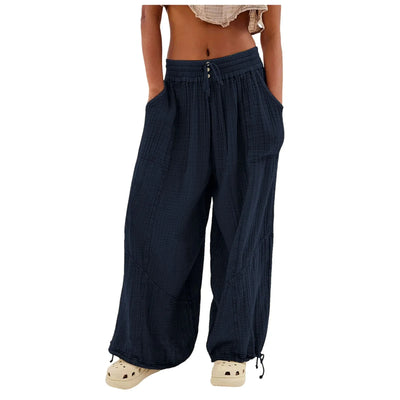 Beach Linen Pants Women Wide Leg Harem Pant High Waist Button Drawstring Palazzo Loose plus Size Pant with Pocket