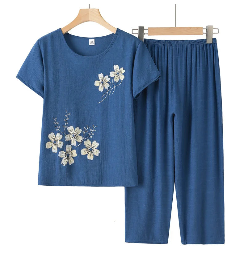 Grandma's Summer Home Suit Printed Middle Aged Mother Pajamas Short Sleeved Cotton Linen Sleepwear Women Two-Piece Set XL-4XL