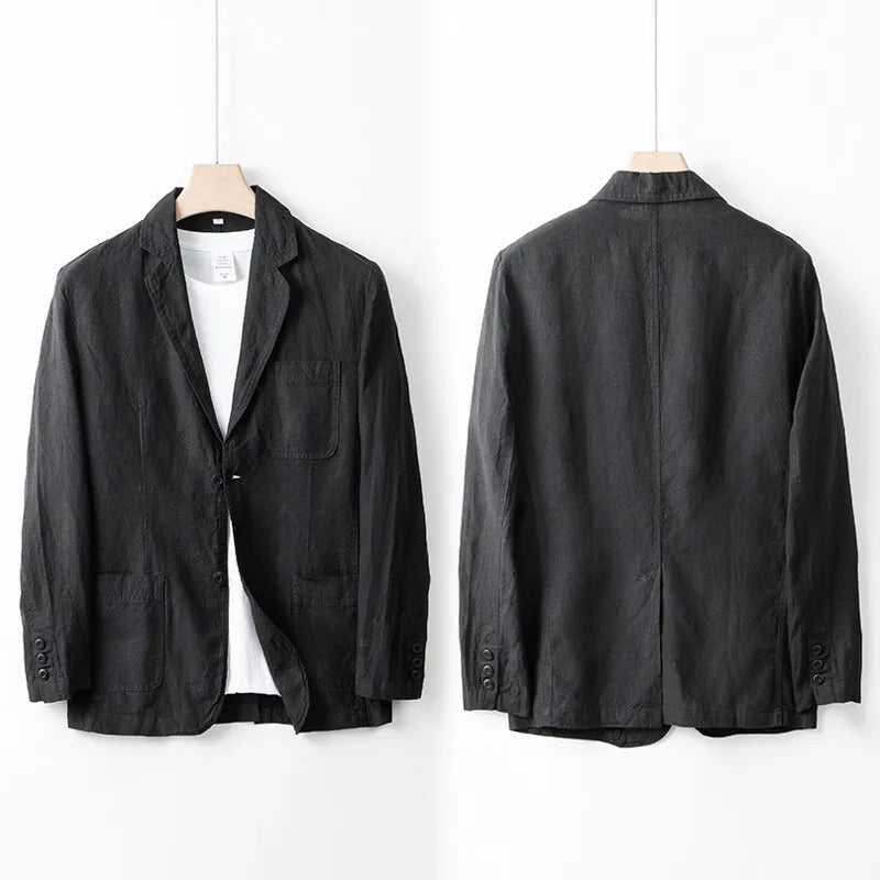 2025 Summer New Men's Linen Casual Suit Top Solid Color Lightweight Breathable Luxury Cotton Hemp Top 100% Linen Fabric