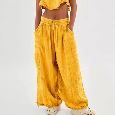 Beach Linen Pants Women Wide Leg Harem Pant High Waist Button Drawstring Palazzo Loose plus Size Pant with Pocket