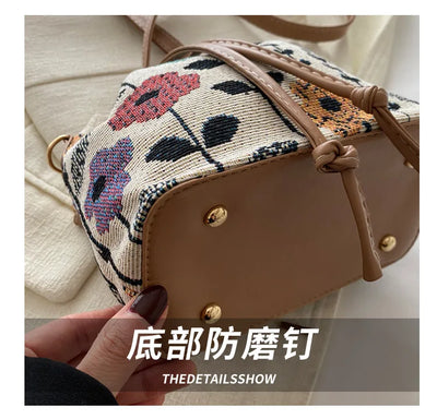 Fashion Linen Fabric Bucket Bag Floral Crossbody Bag