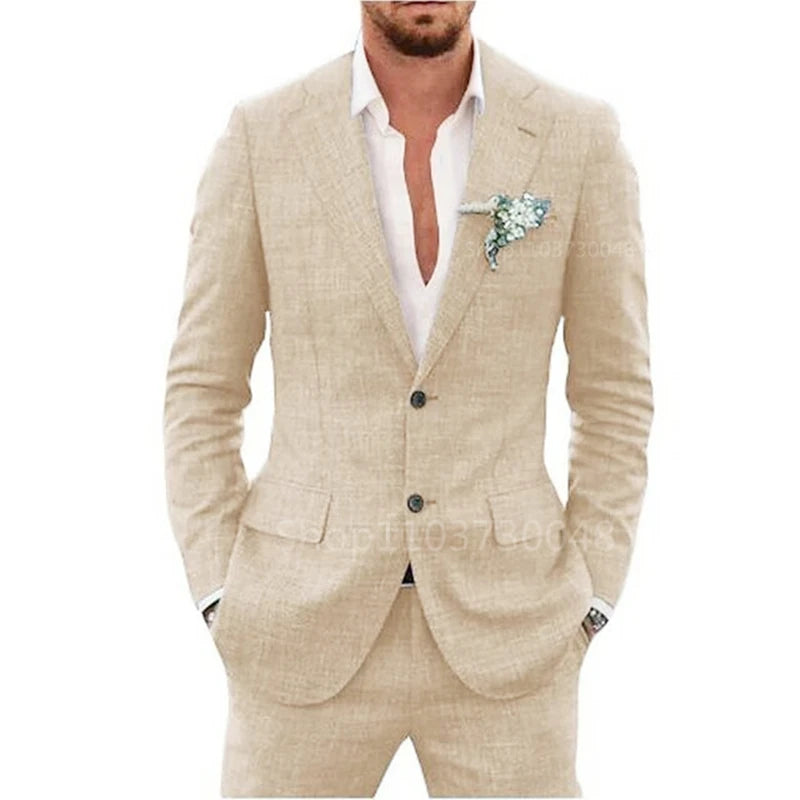 Casual 2 Piece Beige Blue Linen Men Suits Notch