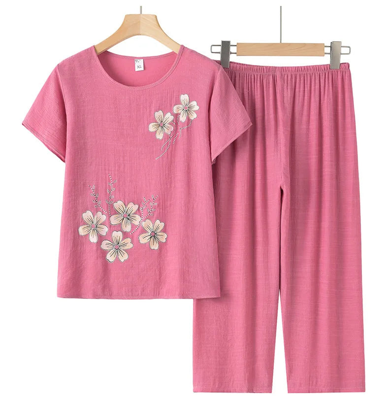 Grandma's Summer Home Suit Printed Middle Aged Mother Pajamas Short Sleeved Cotton Linen Sleepwear Women Two-Piece Set XL-4XL