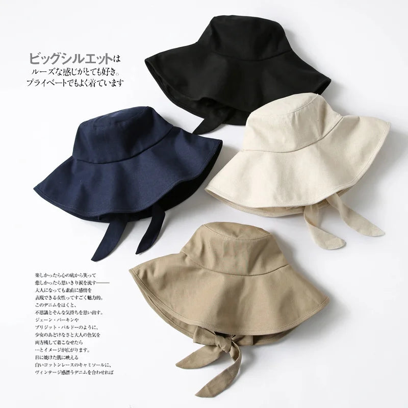 Summer Spring Japan Tie Bucket Hat Women Korean Big Brim