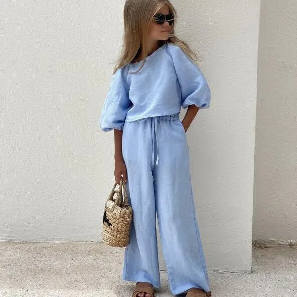 Fashion Baby Girl Linen Cotton Clothes Set Shirt