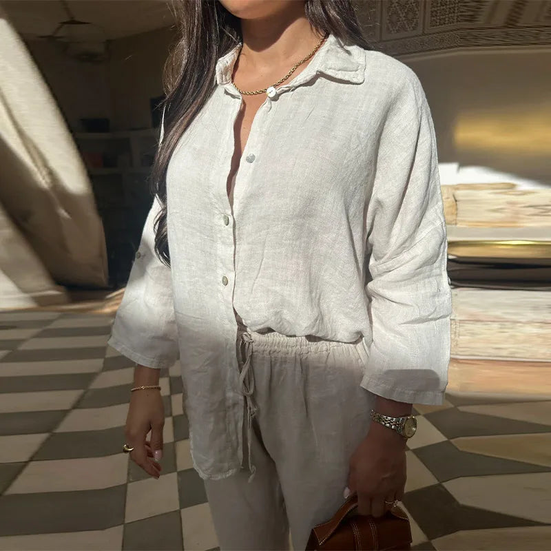 Cotton Linen Oversize Two Piece Ladies Set Casual Lapel Female Shirt Suits Wide Leg Pant Spring New In Matching Women Outfits
