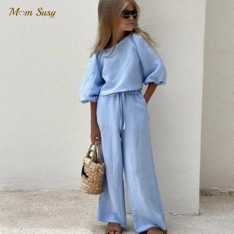 Fashion Baby Girl Linen Cotton Clothes Set Shirt