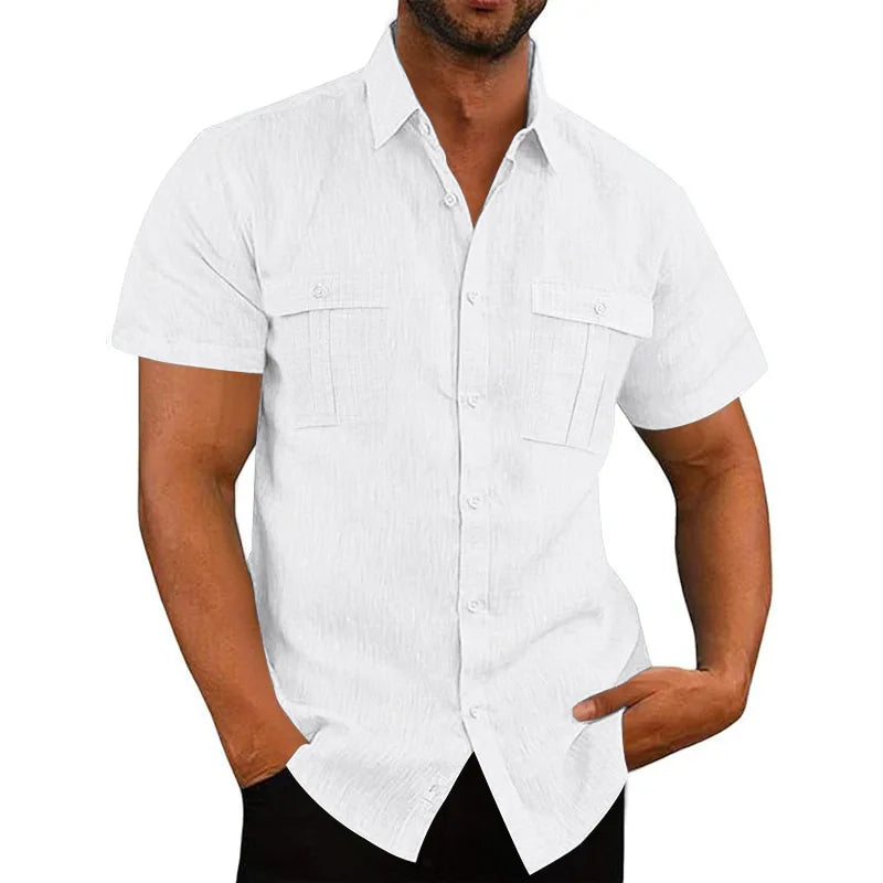 Men's Cotton Linen Short-Sleeved Shirt Summer Solid Color