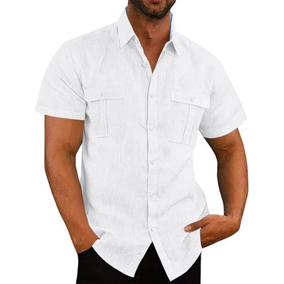 Men's Cotton Linen Short-Sleeved Shirt Summer Solid Color