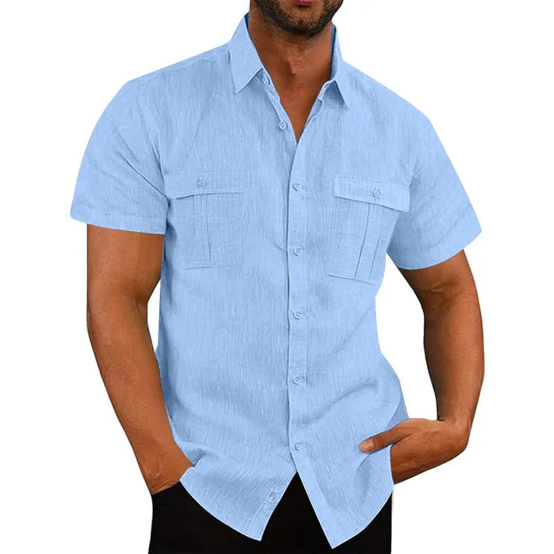 Men's Cotton Linen Short-Sleeved Shirt Summer Solid Color