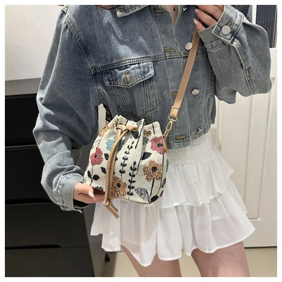 Fashion Linen Fabric Bucket Bag Floral Crossbody Bag