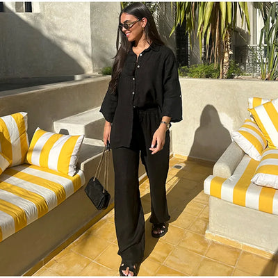 Cotton Linen Oversize Two Piece Ladies Set Casual Lapel Female Shirt Suits Wide Leg Pant Spring New In Matching Women Outfits