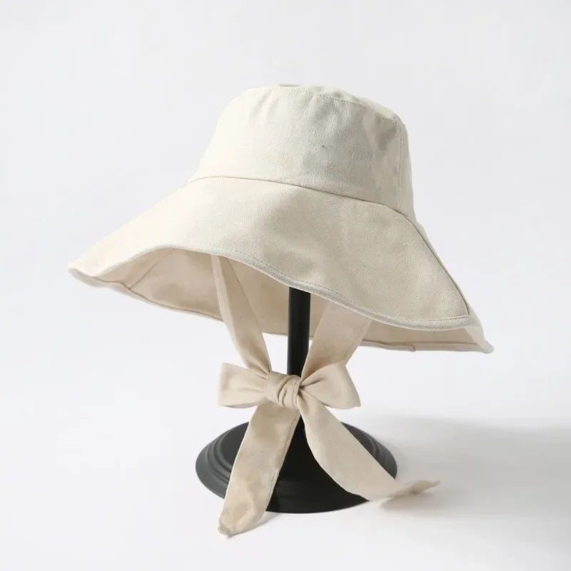 Summer Spring Japan Tie Bucket Hat Women Korean Big Brim Fisherman Hat Foldable  Sunscreen Chic Cotton Linen Beach Sun Hat
