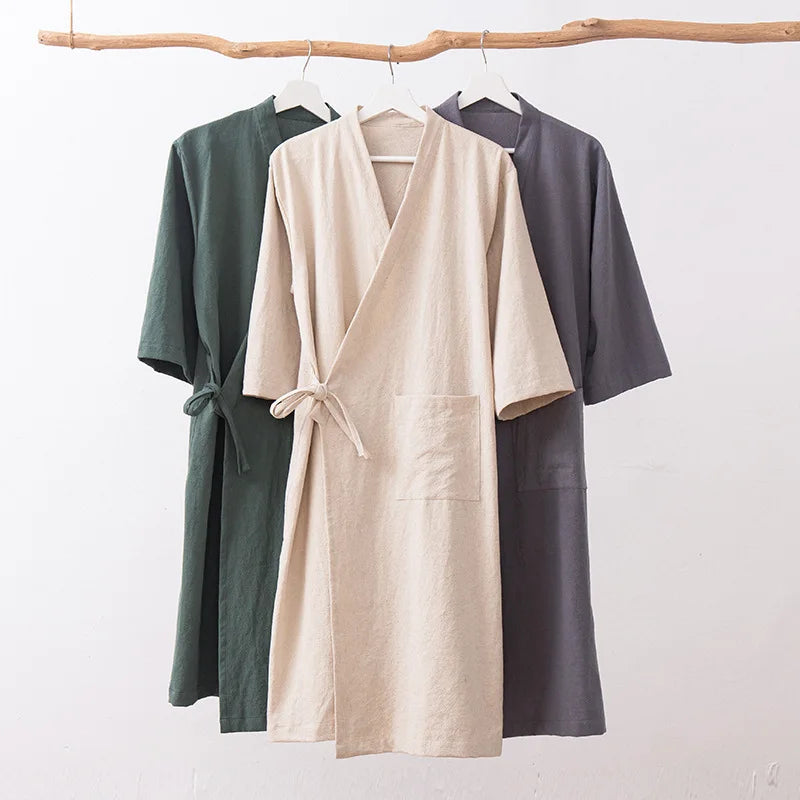 Women's Kimono with Sashes Cotton Linen Solid Long Sleeve Autumn Bathrobe V Neck Japanese Style Bathrobe Loose Solid Color