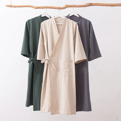 Women's Kimono with Sashes Cotton Linen Solid Long Sleeve Autumn Bathrobe V Neck Japanese Style Bathrobe Loose Solid Color