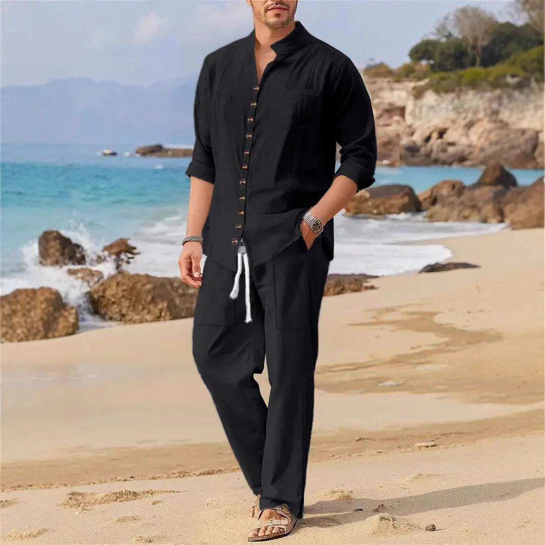Men's Retro Cotton And Linen Set Long Pants