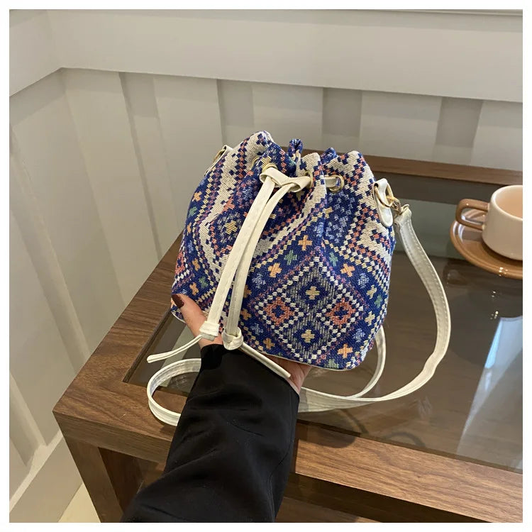 Fashion Linen Fabric Bucket Bag Floral Crossbody Bag