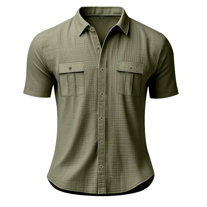 Men's Cotton Linen Short-Sleeved Shirt Summer Solid Color
