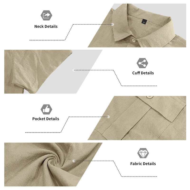 Men's Cotton Linen Short-Sleeved Shirt Summer Solid Color
