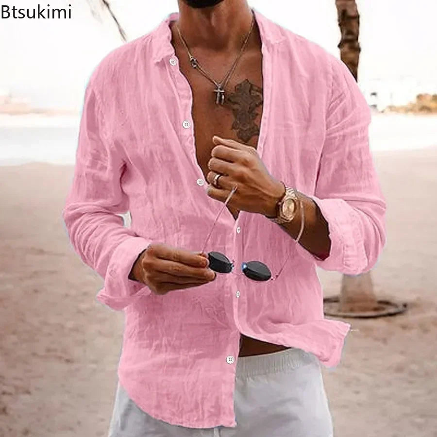 2025 Men's Cotton Linen Shirts Top Simple Laple Solid  Man Shirts Tops Comfortable Loose Casual Holiday Shirts for Men Blouses
