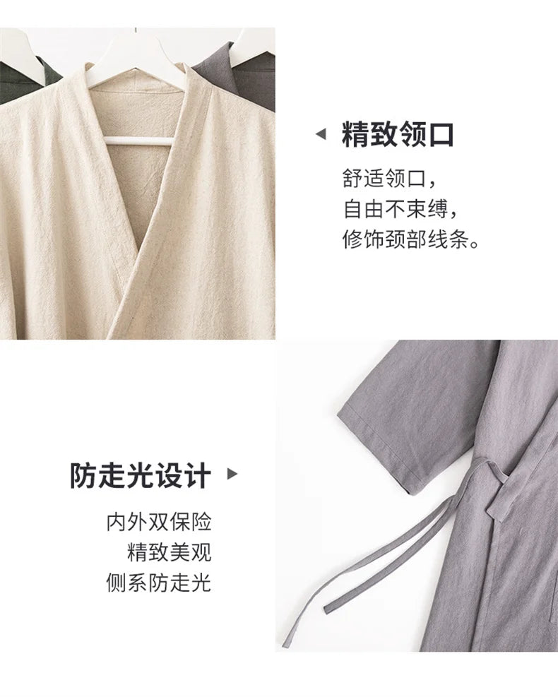 Women's Kimono with Sashes Cotton Linen Solid Long Sleeve Autumn Bathrobe V Neck Japanese Style Bathrobe Loose Solid Color