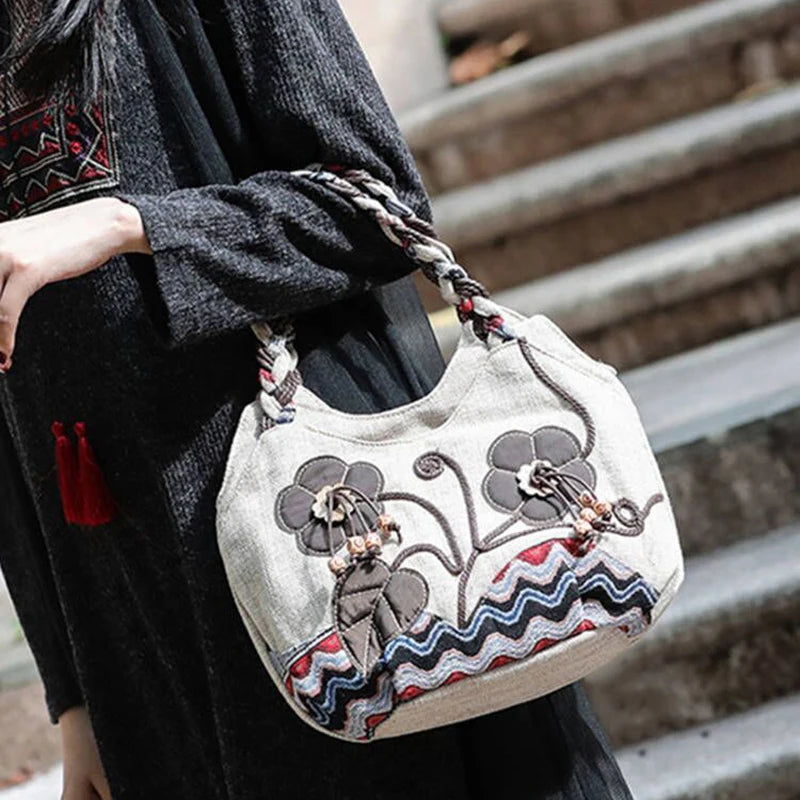 Vintage Linen Handbag for Women National Style Handle Bag