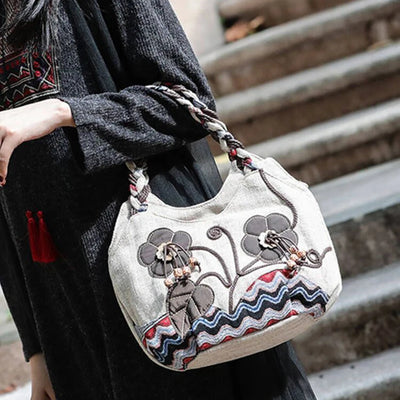 Vintage Linen Handbag for Women National Style Handle Bag