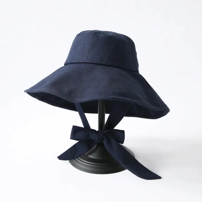 Summer Spring Japan Tie Bucket Hat Women Korean Big Brim Fisherman Hat Foldable  Sunscreen Chic Cotton Linen Beach Sun Hat