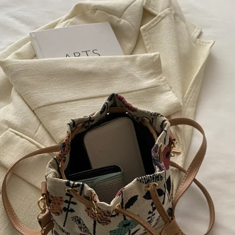 Fashion Linen Fabric Bucket Bag Floral Crossbody Bag
