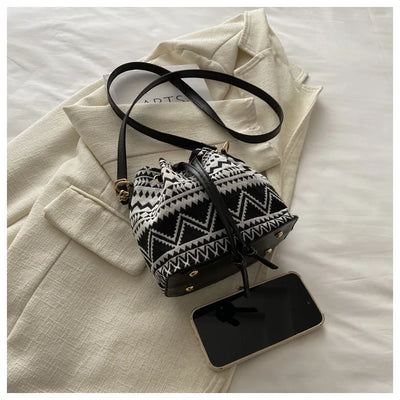 Fashion Linen Fabric Bucket Bag Floral Crossbody Bag