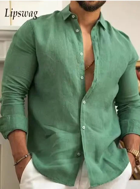 Solid Color Cotton Linen Plain Shirt Men Classic Button-up Lapel Long Sleeve Shirts Spring/ Summer Fashion Loose Mens Top Shirts