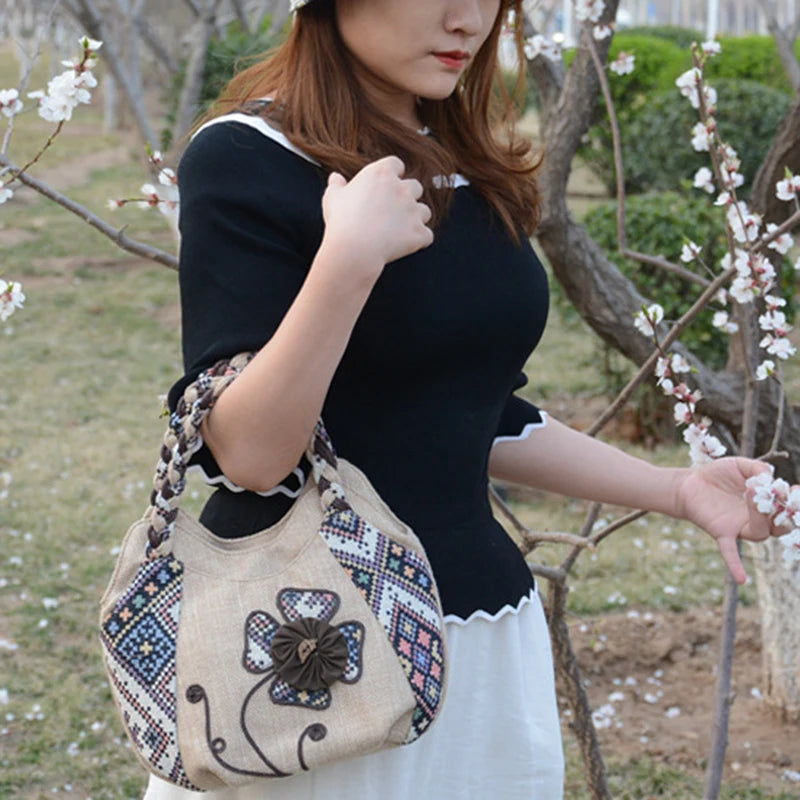 Vintage Linen Handbag for Women National Style Handle Bag
