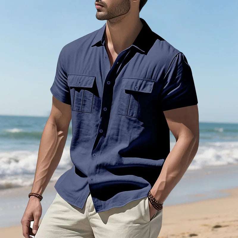 Men's Cotton Linen Short-Sleeved Shirt Summer Solid Color
