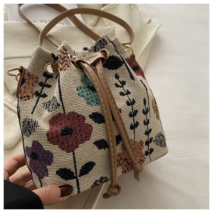 Fashion Linen Fabric Bucket Bag Floral Crossbody Bag