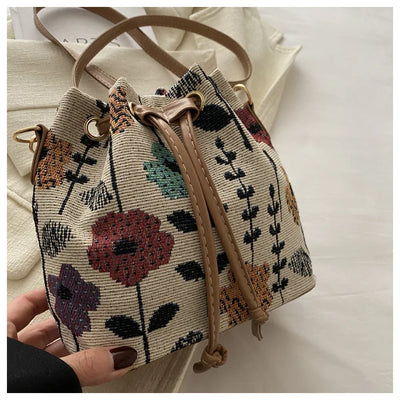 Fashion Linen Fabric Bucket Bag Floral Crossbody Bag