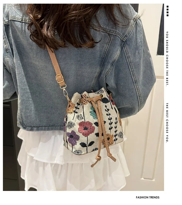 Fashion Linen Fabric Bucket Bag Floral Crossbody Bag