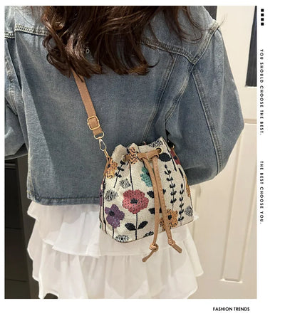 Fashion Linen Fabric Bucket Bag Floral Crossbody Bag