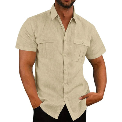 Men's Cotton Linen Short-Sleeved Shirt Summer Solid Color