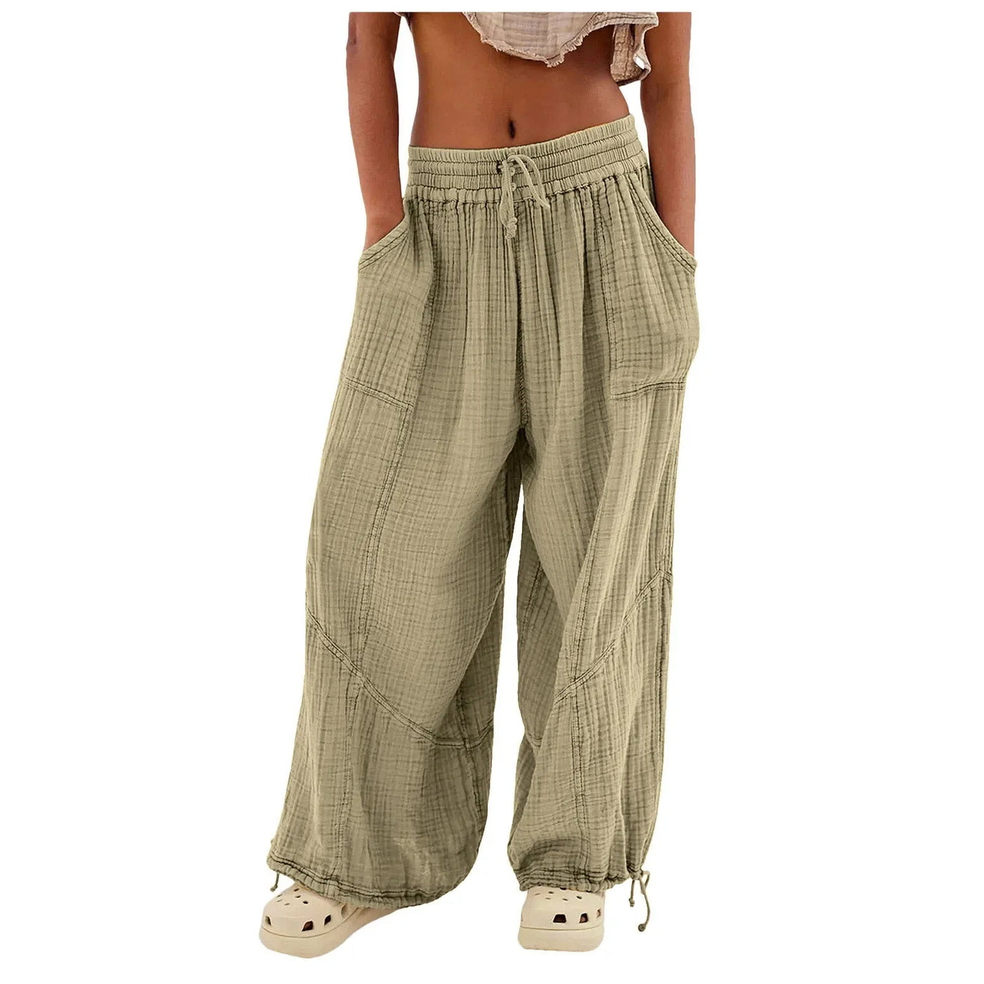 Beach Linen Pants Women Wide Leg Harem Pant High Waist Button Drawstring Palazzo Loose plus Size Pant with Pocket