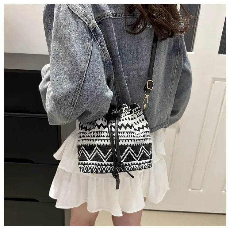 Fashion Linen Fabric Bucket Bag Floral Crossbody Bag