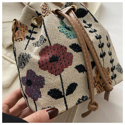 Fashion Linen Fabric Bucket Bag Floral Crossbody Bag