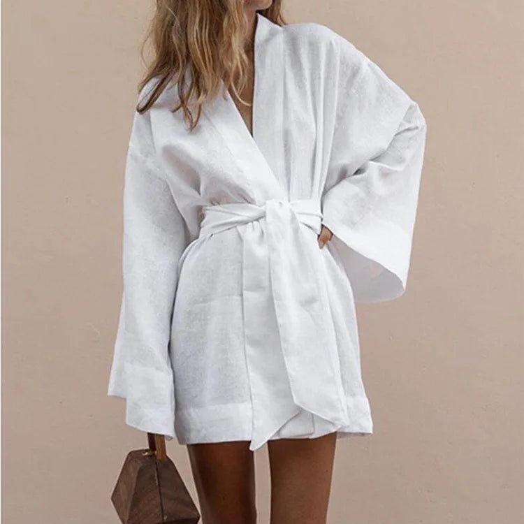 long cotton kimono robes for women Cardigan Mini Dress Cotton Linen Long Sleeve Sashes Dresse Robe Style Summer Loose