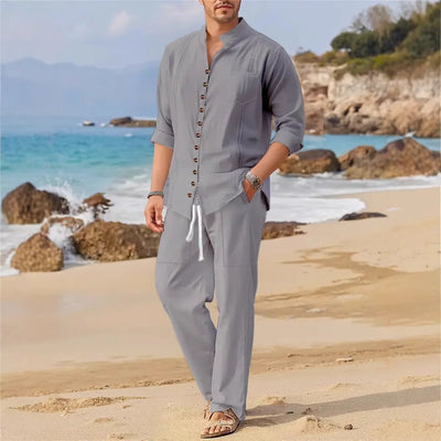 Men's Retro Cotton And Linen Set Long Pants
