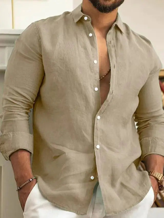 Solid Color Cotton Linen Plain Shirt Men Classic Button-up Lapel Long Sleeve Shirts Spring/ Summer Fashion Loose Mens Top Shirts