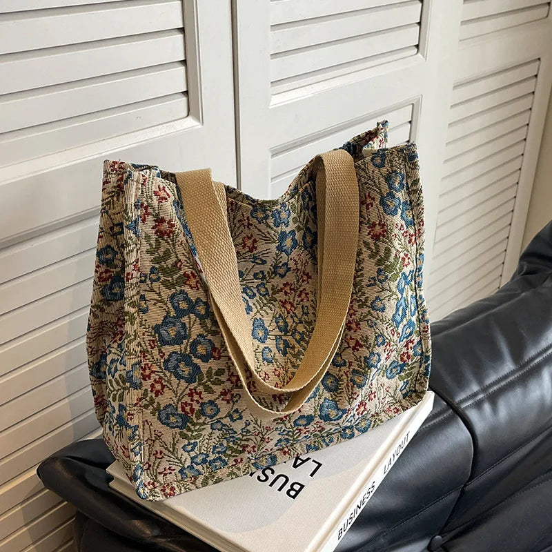 Ladies Shopping Bag Flower Pattern Flax Tote Bag