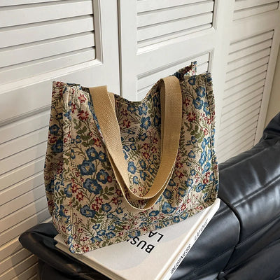 Ladies Shopping Bag Flower Pattern Flax Tote Bag