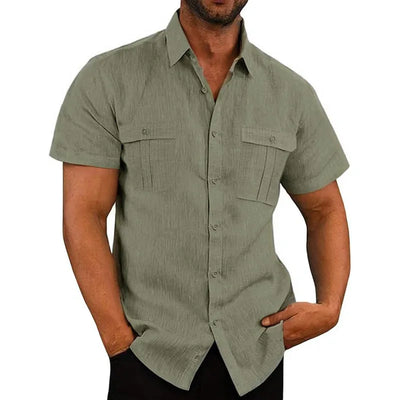 Men's Cotton Linen Short-Sleeved Shirt Summer Solid Color