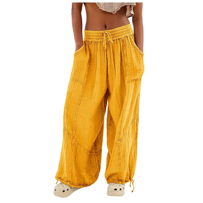 Beach Linen Pants Women Wide Leg Harem Pant High Waist Button Drawstring Palazzo Loose plus Size Pant with Pocket