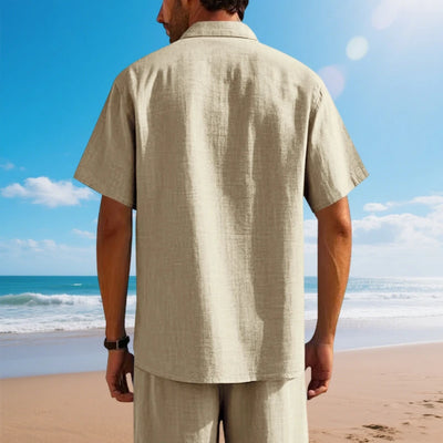 Men's Cotton Linen Short-Sleeved Shirt Summer Solid Color